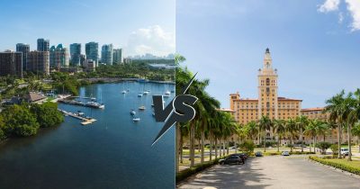 Split-screen image showing Coconut Grove’s lush waterfront landscape on one side and Coral Gables’ Mediterranean-style architecture and tree-lined streets on the other.