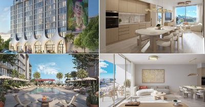 De izquierda a derecha: El icónico mural que rinde tributo al legado de Frida Kahlo; el diseño de interiores de ultra-lujo que integra texturas orgánicas; y una vista exclusiva de los amenities curados para el bienestar y la inspiración artística. Un proyecto desarrollado por PMG y LNDMRK que redefine el concepto de branded residences en Wynwood